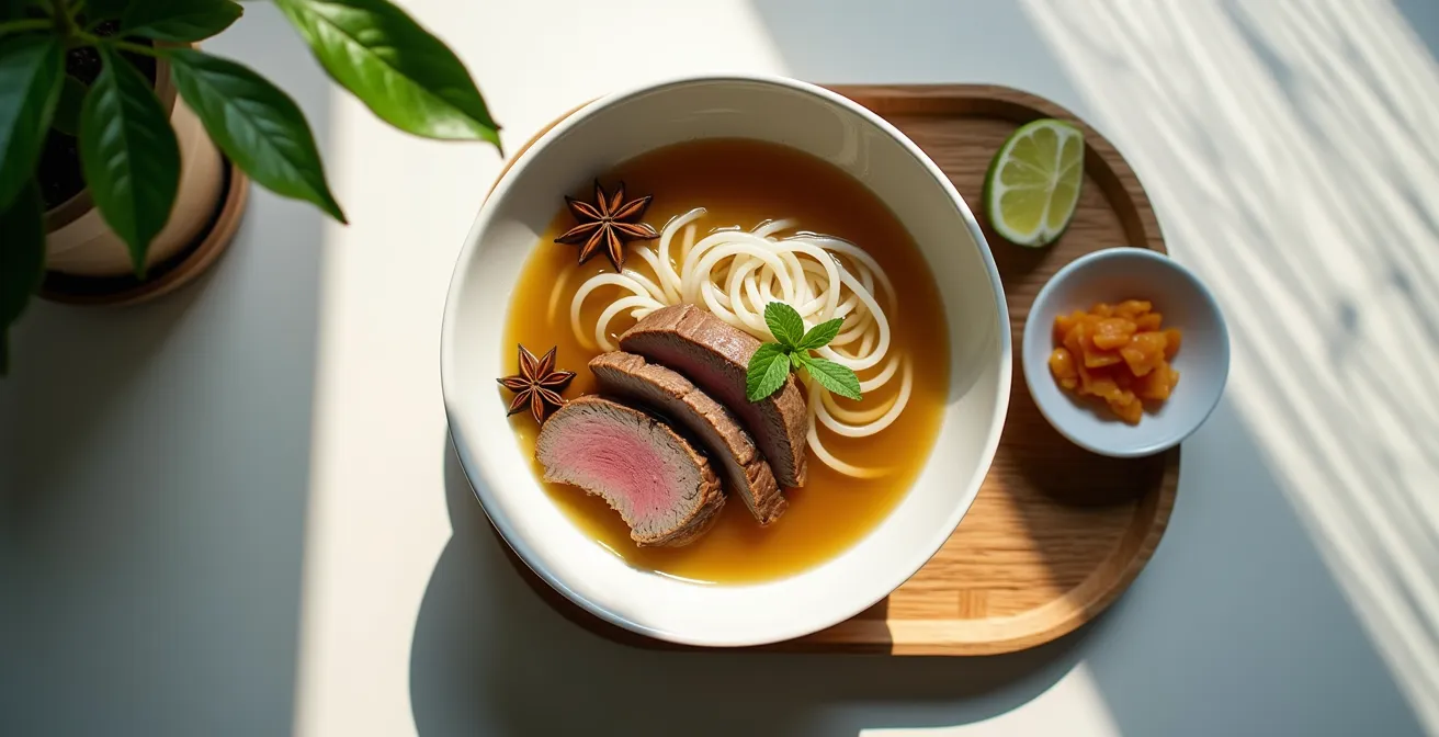 Vista aerea di una ciotola di Pho di Hanoi con brodo cristallino e erbe minimal