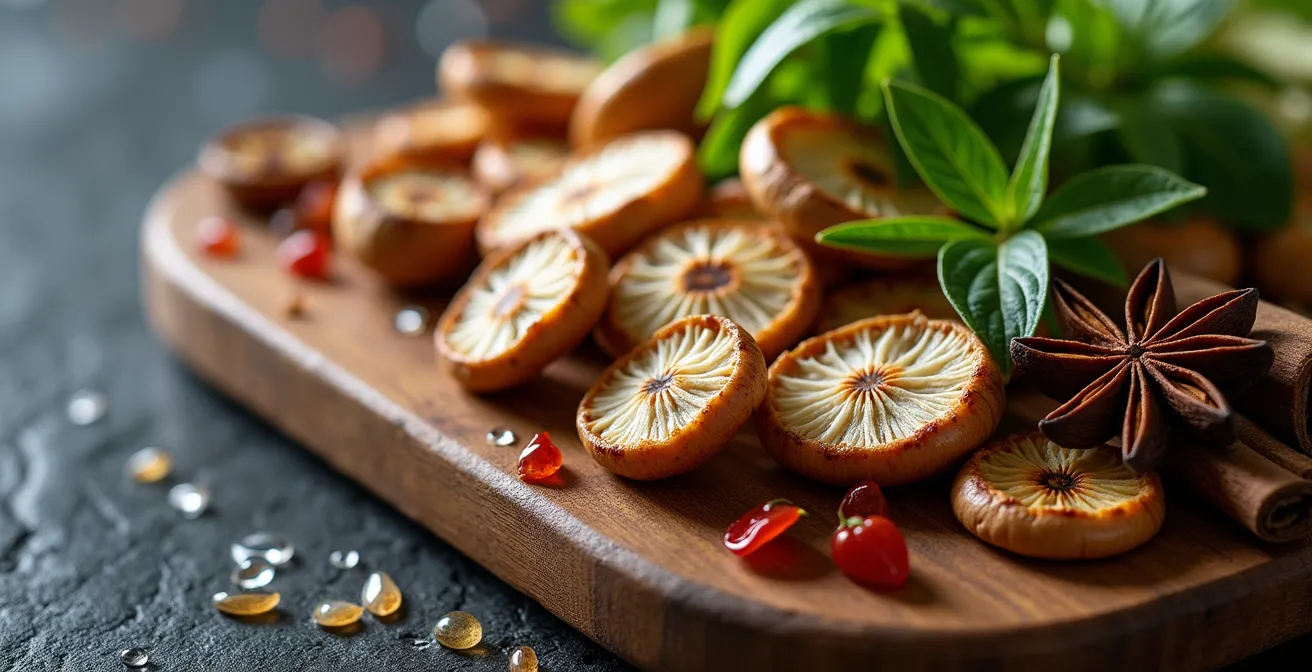 Ingredienti vegetali per Pho Chay con funghi shiitake, daikon e spezie tostate
