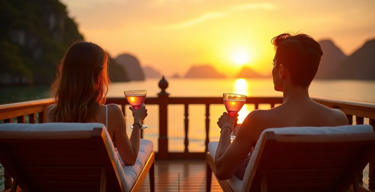 Ponte intimo di giunca privata al tramonto nella baia di Halong