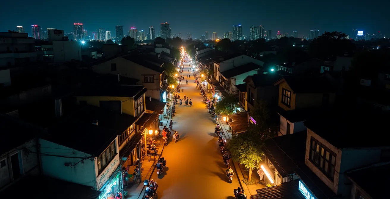 Vista aerea notturna di quartiere backpacker con zone animate e tranquille