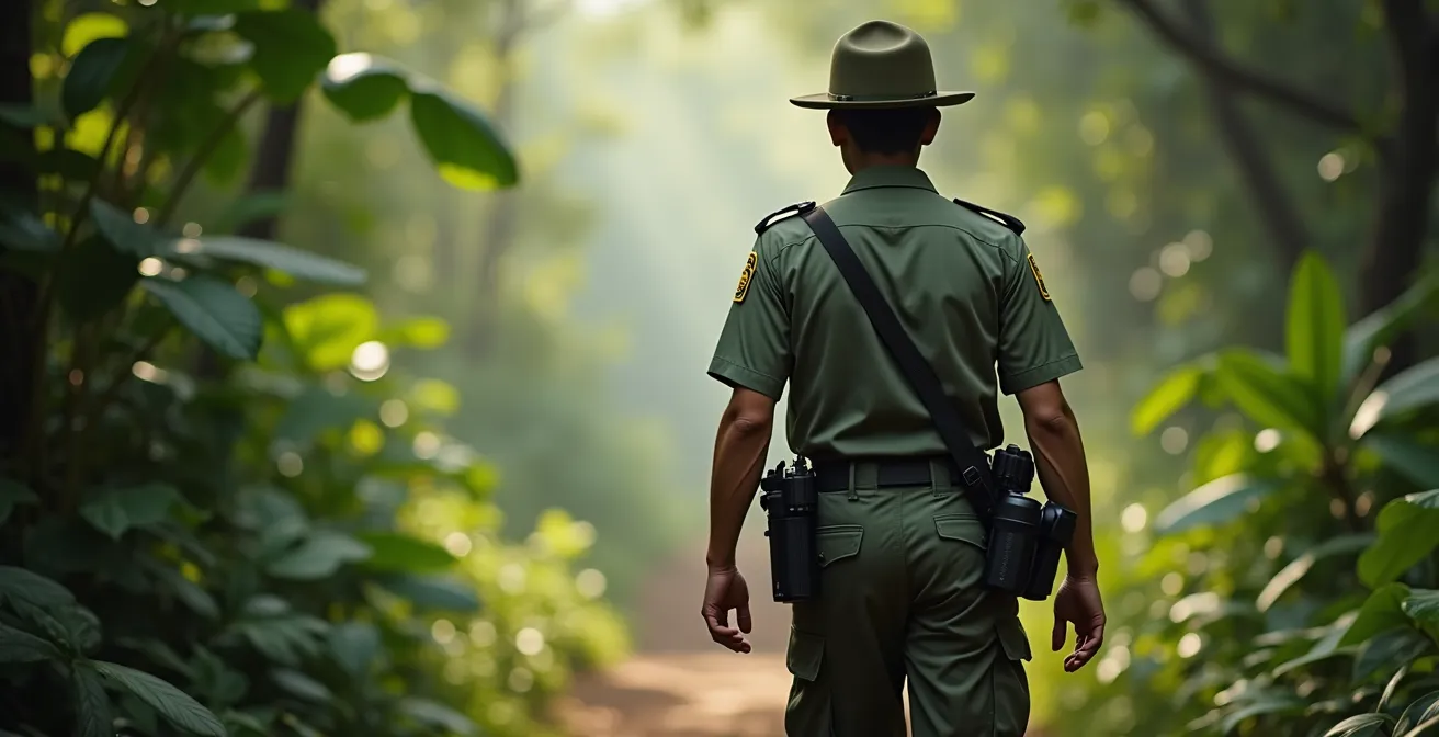 Ranger del parco nazionale vietnamita in uniforme durante il pattugliamento nella foresta