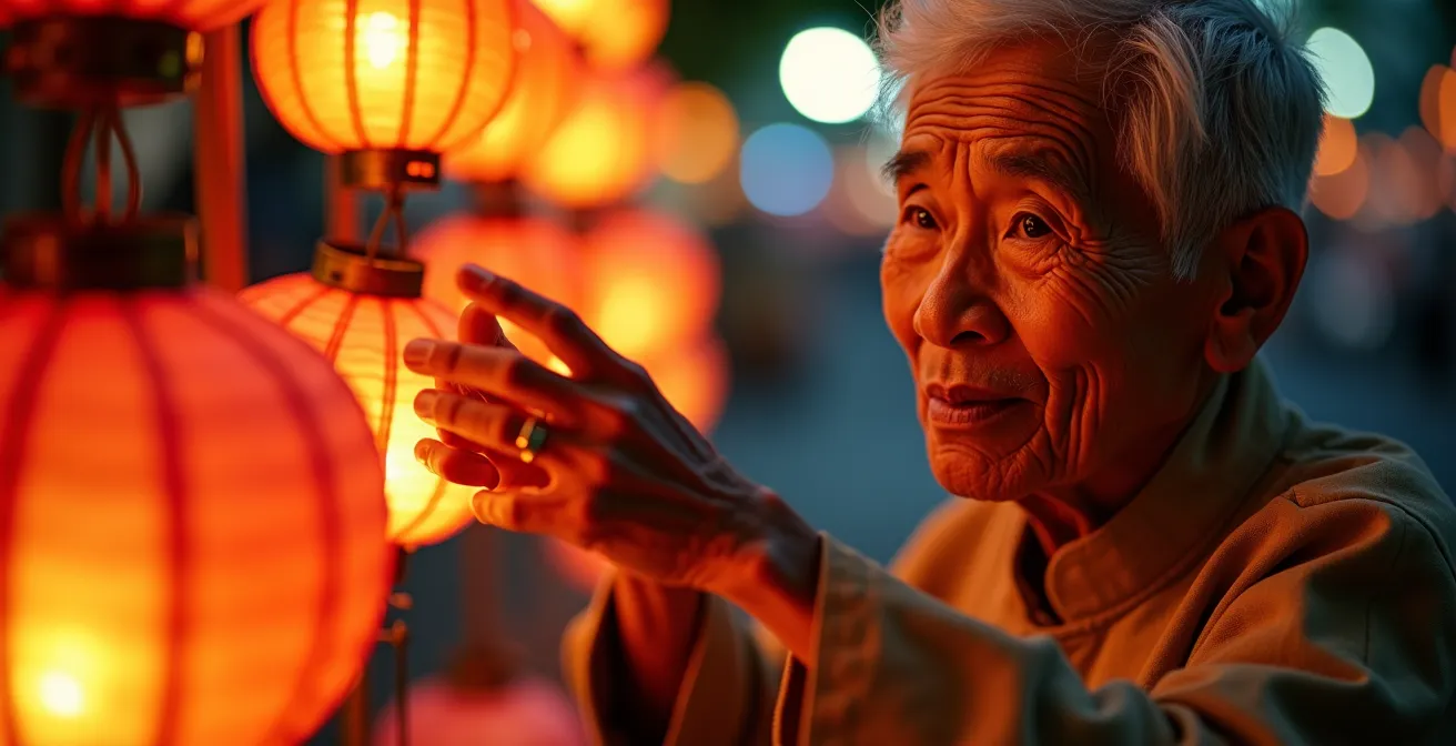 Ritratto ravvicinato di un venditore vietnamita illuminato dalla luce calda delle lanterne