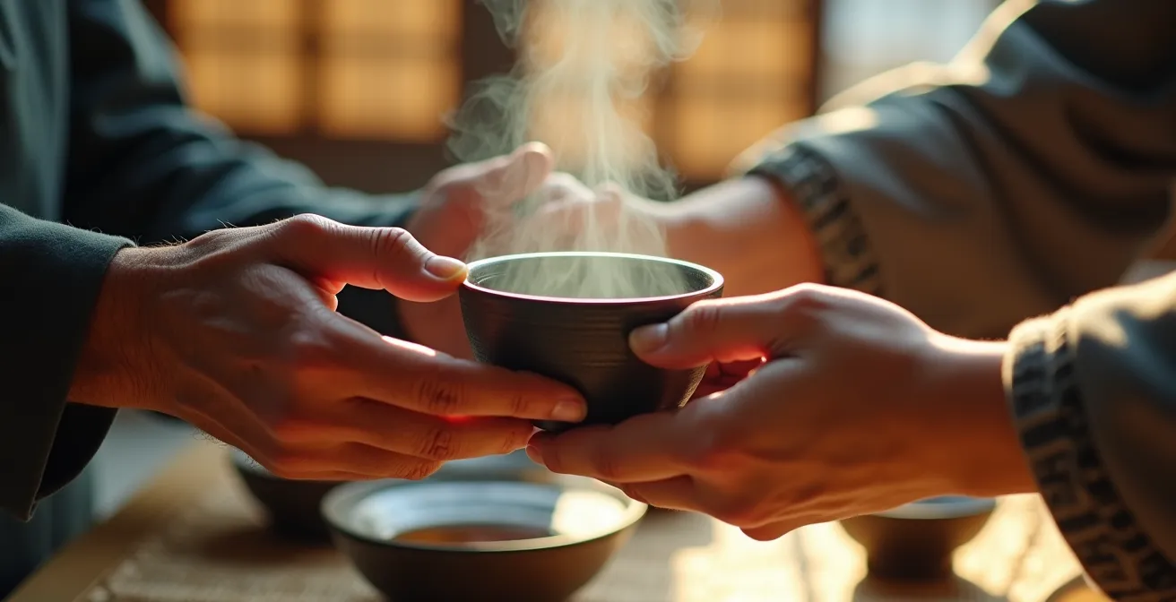 Momento rituale di condivisione di una bevanda tradizionale in un homestay asiatico