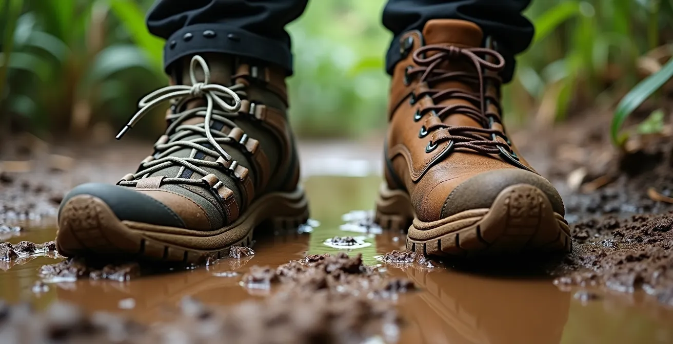 Confronto tra sandali da trekking e scarponi nel fango tropicale vietnamita