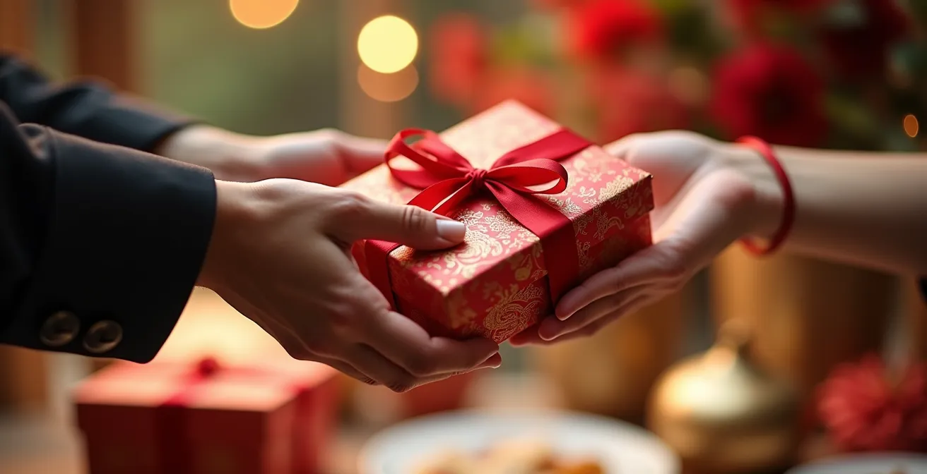 Mani che porgono un elegante regalo italiano durante la cena del Tet