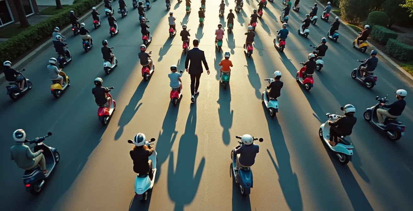 Vista aerea del traffico vietnamita che si muove come un banco di pesci coordinato