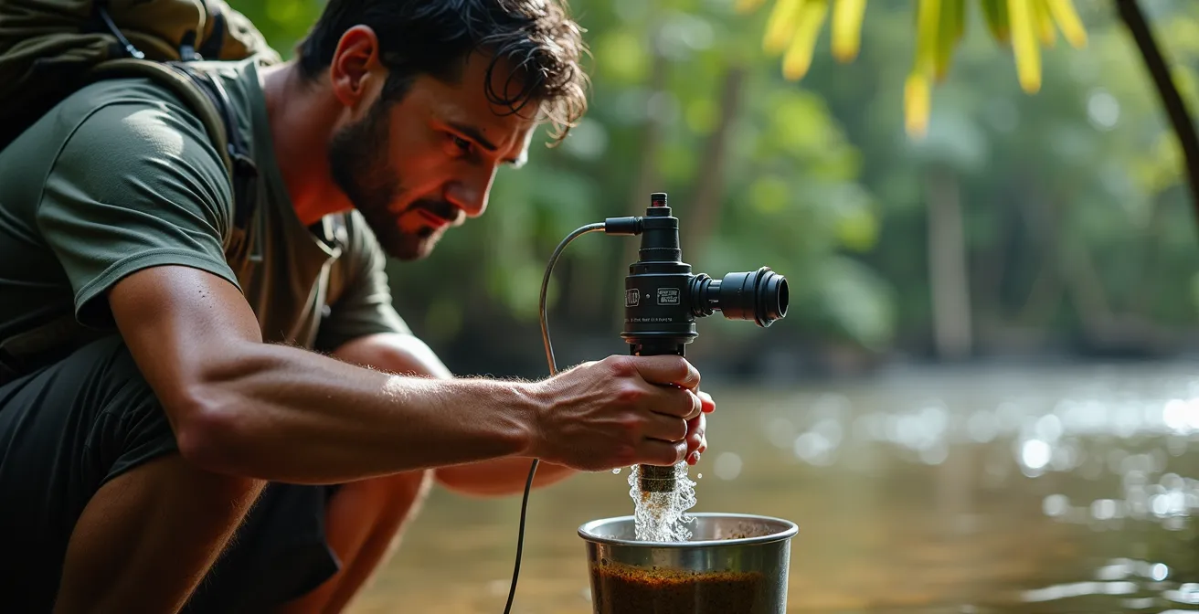 Escursionista filtra acqua torbida di fiume con sistema di purificazione portatile nella giungla vietnamita