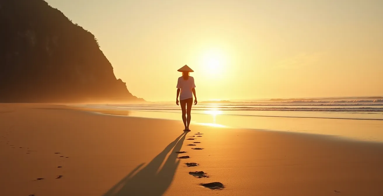 Spiaggia selvaggia vietnamita con palme e sabbia incontaminata