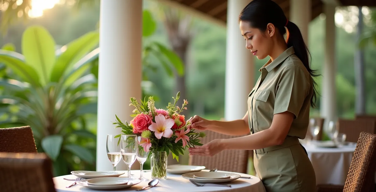 Personale di villa che prepara una tavola elegante in veranda