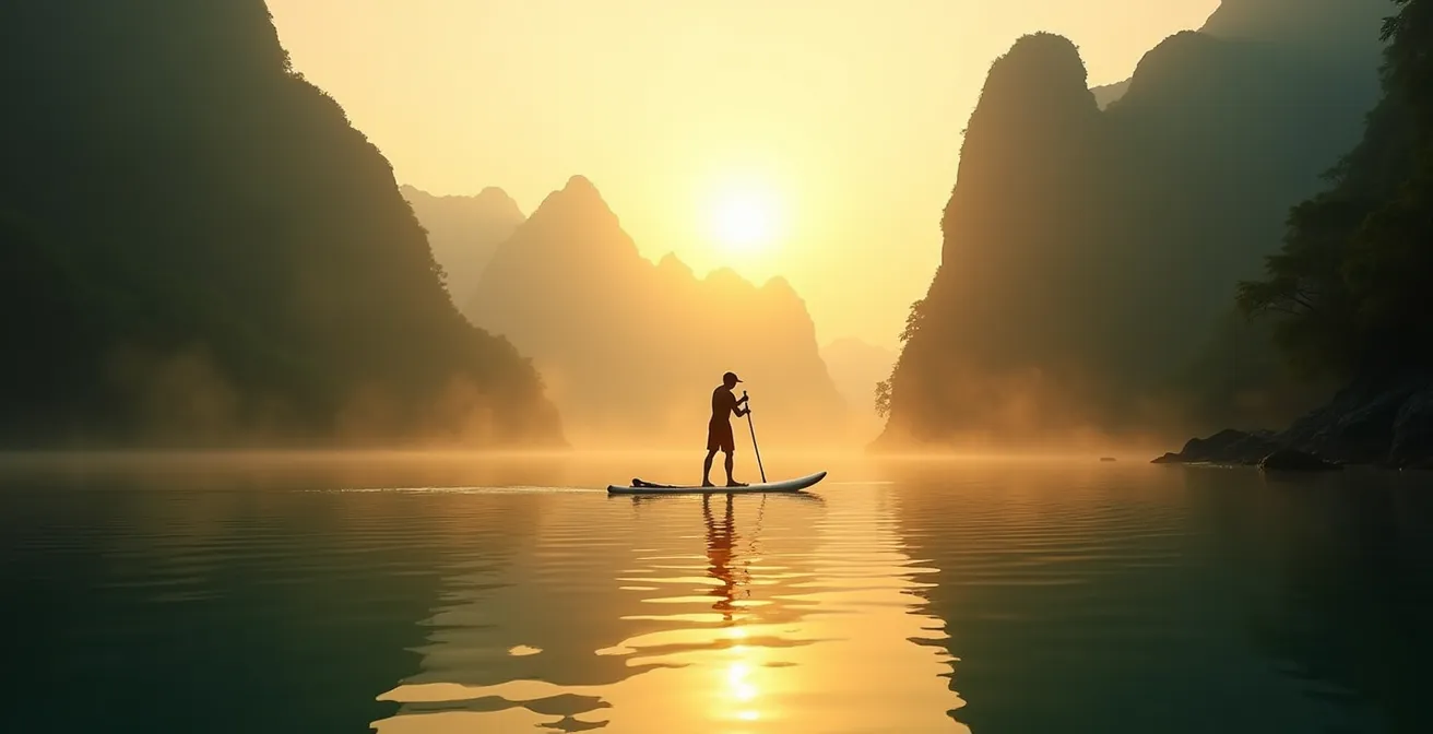 Persona su tavola SUP all'alba tra formazioni calcaree nella baia di Lan Ha