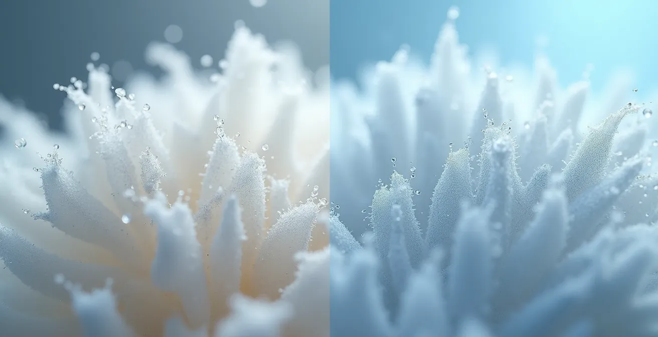 Confronto microscopico tra fibre di cotone sature e tessuti tecnici traspiranti