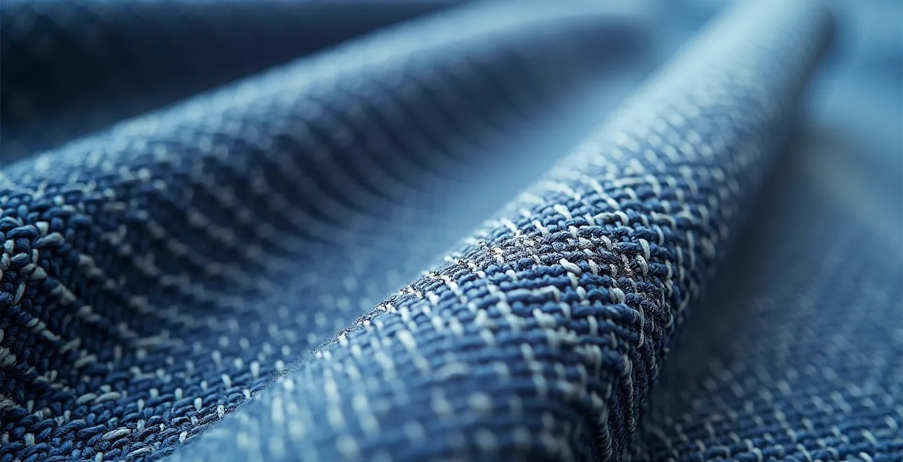 Dettaglio ravvicinato di tessuto artigianale con trama irregolare e tintura indaco