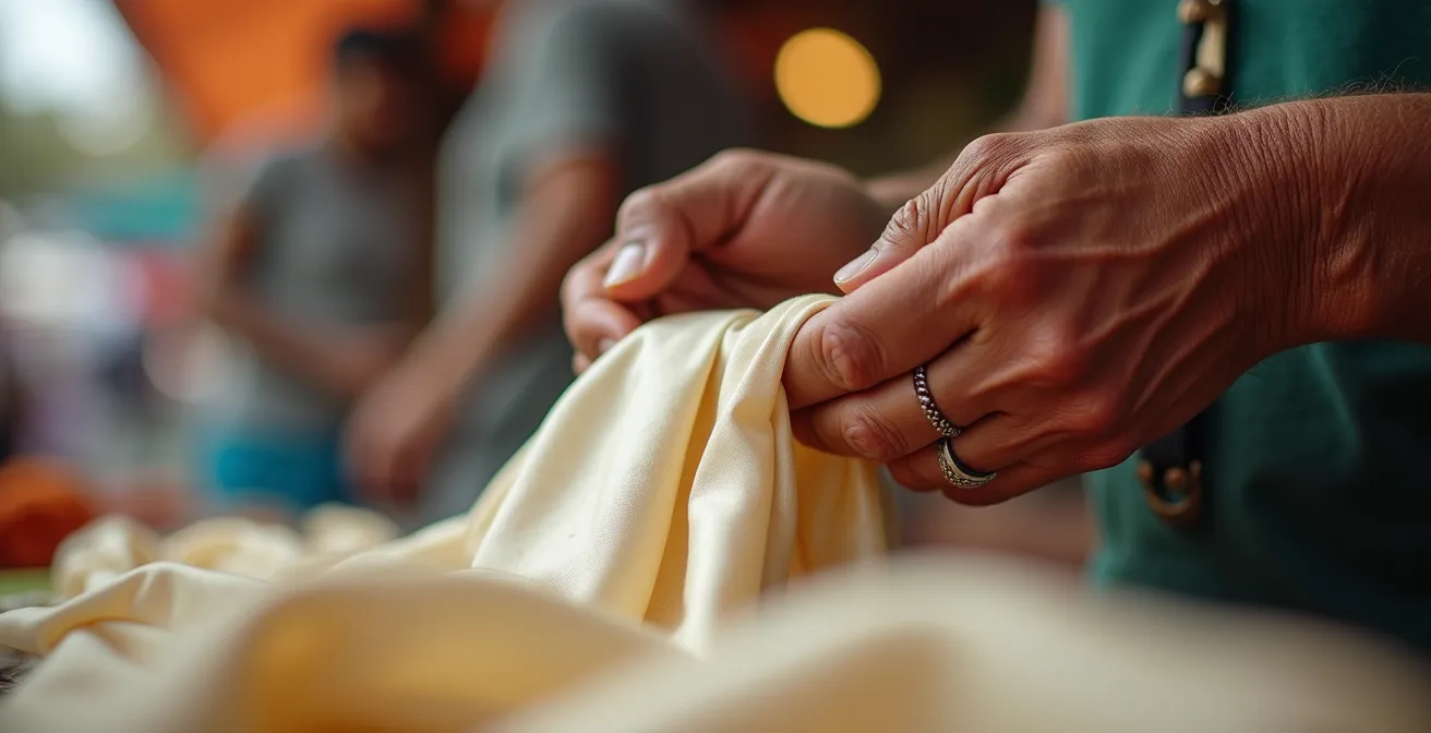 Mani che eseguono il test dell'anello su tessuto di seta in un mercato vietnamita