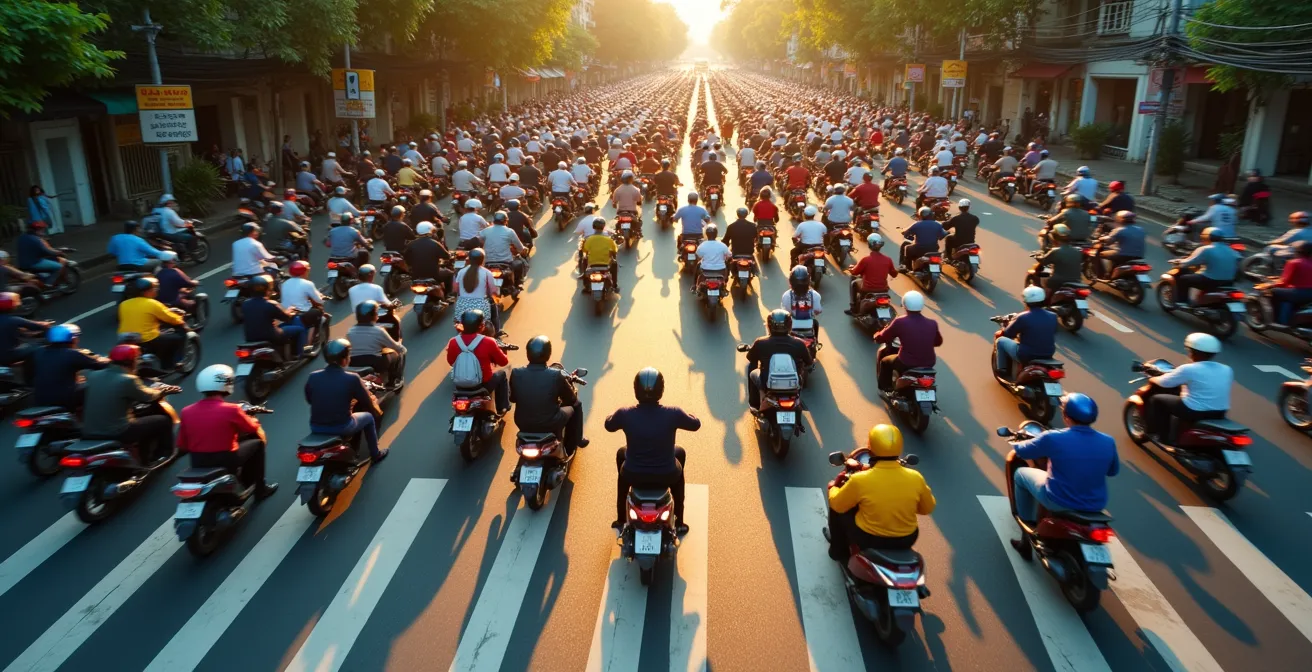 Fiume di motorini nel traffico di Hanoi visto dall'alto