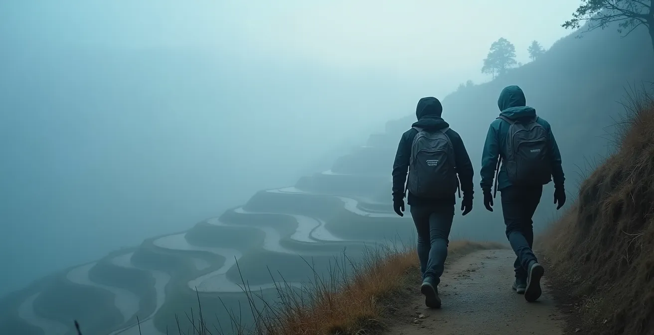 Escursionisti con abbigliamento termico sulle montagne nebbiose di Sapa