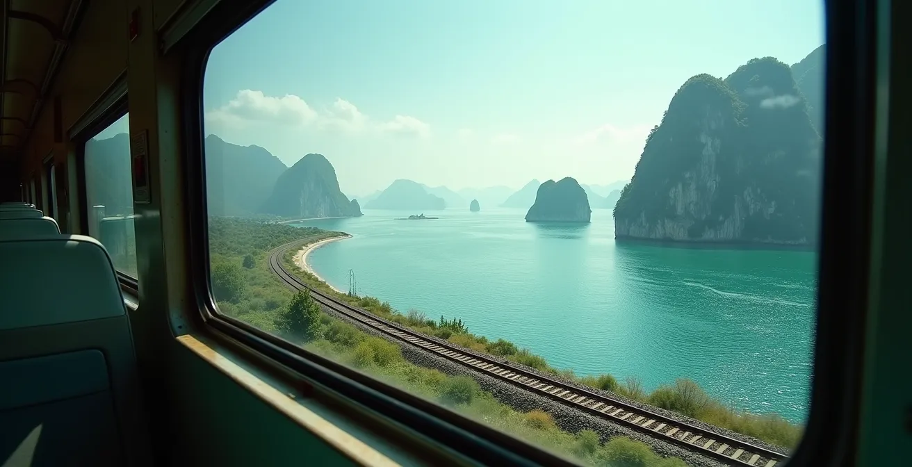 Vista dal finestrino del treno con paesaggio costiero vietnamita e montagne