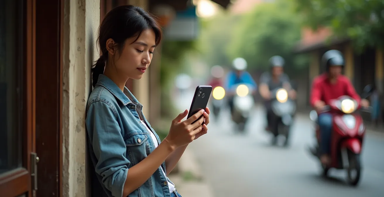 Turista con postura sicura mentre usa lo smartphone contro un muro a Ho Chi Minh City