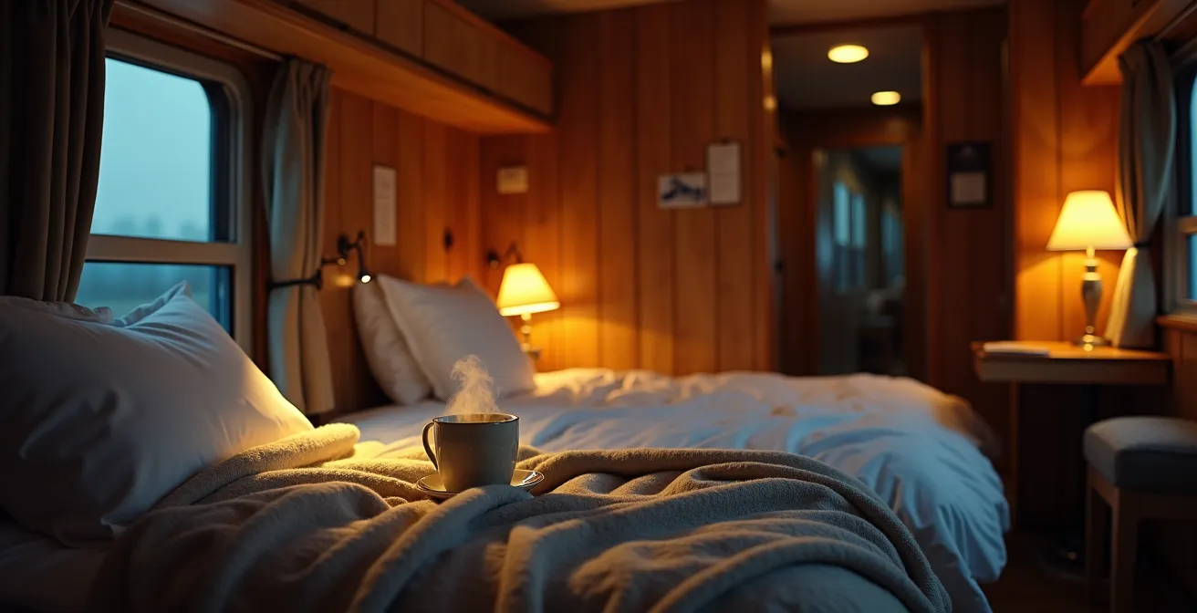 Interno accogliente di una cabina soft sleeper su treno notturno vietnamita