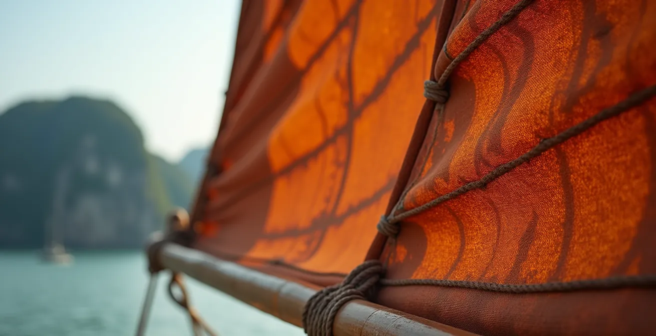 Dettaglio delle vele tradizionali di una giunca con stecche di bambù