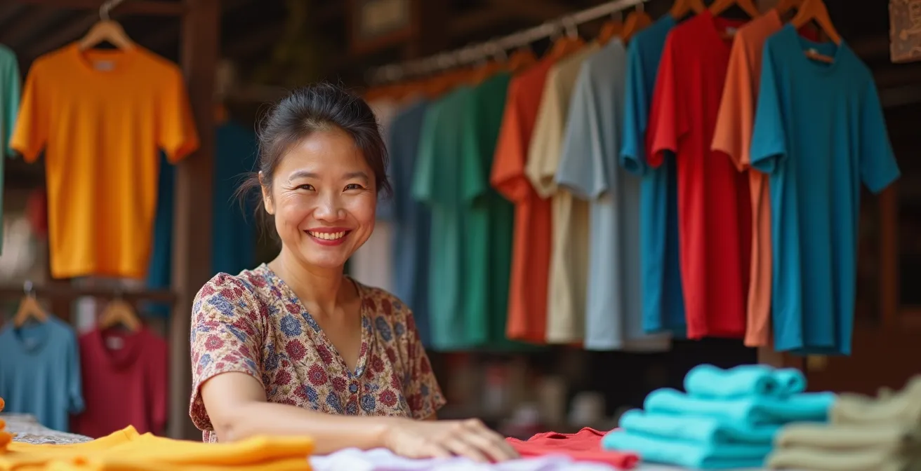 Venditore vietnamita mostra magliette colorate in una bancarella del mercato