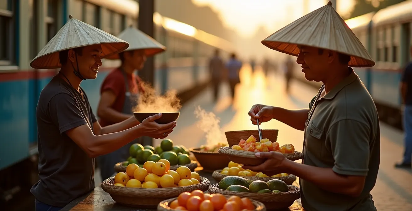 Venditori locali con cesti di cibo tradizionale vietnamita su una banchina ferroviaria