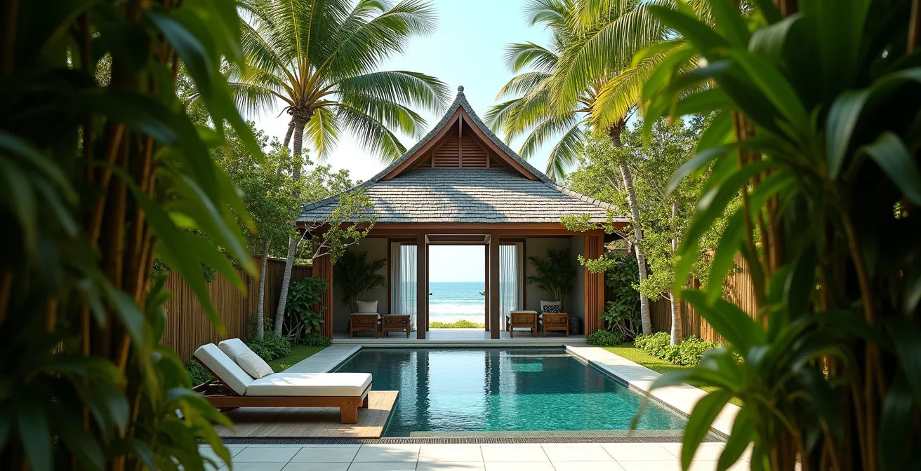 Villa esclusiva con piscina privata circondata da vegetazione lussureggiante sulla spiaggia