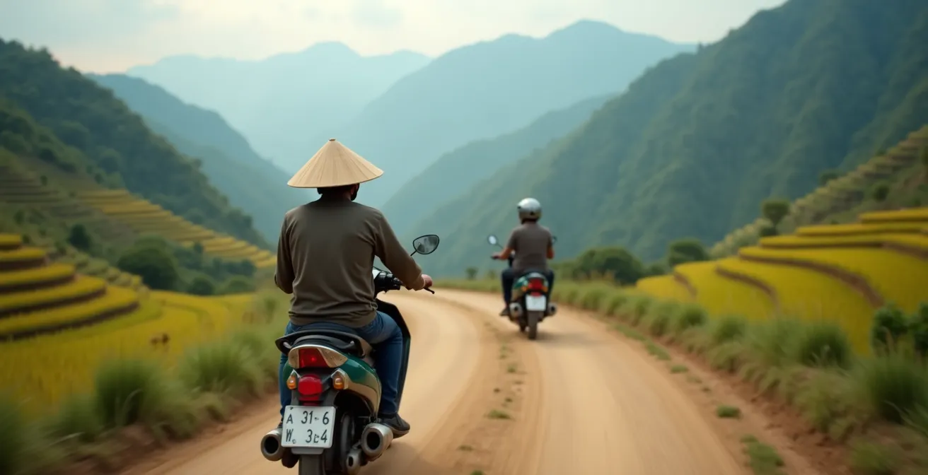 Vista posteriore di un xe om con casco che percorre una strada sterrata tra le risaie terrazzate