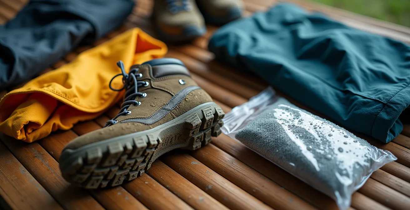 Equipaggiamento da trekking disposto su superficie di legno per condizioni di fango e umidità